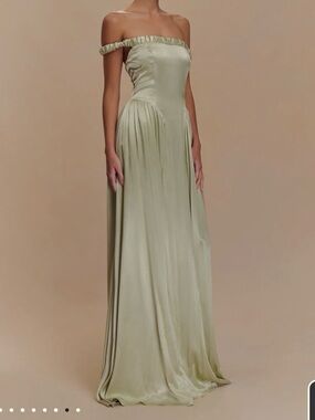 Meshki Satin Ruffled Strapless Evening Gown in Sage Green